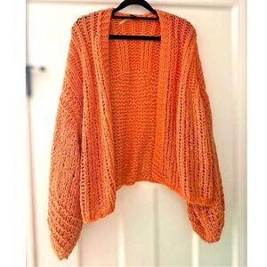 🧡🍊Free People Sunset Orange Chunky Knit Boho Vibes Oversized Cardigan